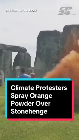 Climate Protesters Spray Orange Powder Over Stonehenge Just Stop Oil protesters sprayed orange powder onto Stonehenge, the iconic megalithic structure near Salisbury, on Wednesday, June 19. Footage released by Just Stop Oil shows the action, which was part of its campaign to end the extraction and burning of oil, gas, and coal by 2030. The action comes shortly the summer solstice, which is traditionally celebrated by thousands at Stonehenge. The group said that the orange powder paint would “wash away with the rain”. Wiltshire Police had not responded to requests for comment. For more, go to CP24.com
