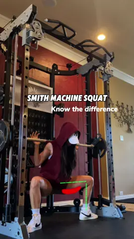 Smith Machine Squat Variations: Know the difference  Glute-Focused Squat: 1.	Stand slightly in front of the bar. 2.	Shoulder-width or wider stance, toes outwards. 3.	Hinge at the hips. 4.	Keep shins vertical. Quad-Biased Squat: 1.	Hip-width stance. 2.	Knees over toes. 3.	Focus on knee flexion. Adductor-Biased Squat: 1.	Wide stance, twice shoulder-width. 2.	Toes pointed outwards. 3.	Squat until thighs and shins form 90-degree angle. #gluteworkout #gymrat #glutes  #gymgirl #gymtips #quad #squat #fyp #gymmotivation #legday 
