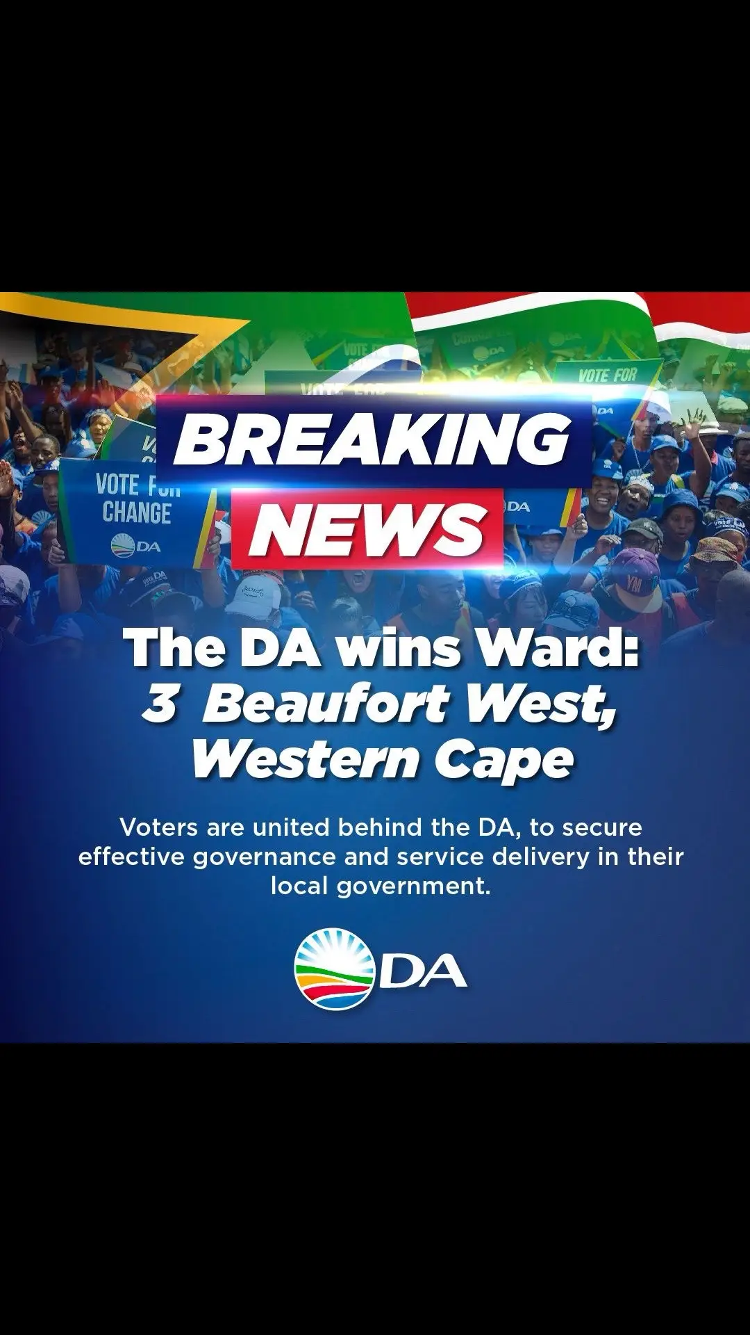 🚨 BREAKING: The winning streak continues! The DA has secured a by-election victory in Ward 3 Beaufort West. We are grateful to the many voters who have voted DA, we will ensure that your needs are represented in Council as we continue with our efforts to rescue SA. #KhulaDA 