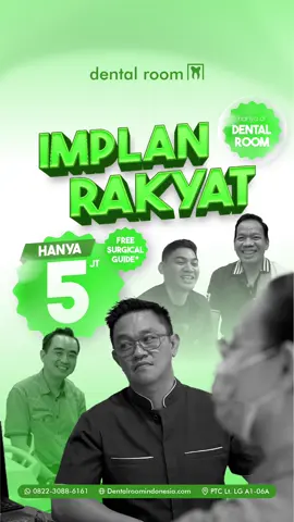 Implan Rakyat hadir untuk menolong masyarakat Indonesia yang membutuhkan gigi untuk meningkatkan kualitas hidup mereka. Tentunya dengan kualitas yang sangat TOP! 👍🏻 Implan Rakyat di Dental Room hanya 5 juta saja! FREE Surgical Guide ✨ Pakuwon Trade Center Lt. A1-06A (sebelah arena billiard dan A&W) 📲 0822 3088 6161