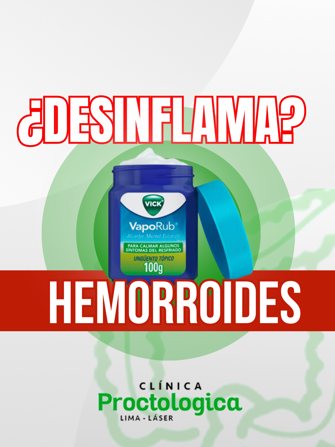 🌿✨ ¿El Vick VapoRub Desinflama las Hemorroides? ✨🌿 🔍 ¿Has oído que el Vick VapoRub puede desinflamar las hemorroides? 🧐 ¡Descubre la verdad en este video! 💚 📍 Ubicación: Av. Javier Prado Este 1510. Oficina 501. SAN ISIDRO. 📞 Contáctanos: +51 921 550 391 👩‍⚕️👨‍⚕️ ¿Funciona el Vick VapoRub?El Vick VapoRub es conocido por aliviar la congestión nasal, pero ¿es realmente efectivo para desinflamar las hemorroides? 🤔 La respuesta podría sorprenderte. 💼 ¿Qué dice la ciencia?El Vick VapoRub contiene ingredientes como el mentol y el alcanfor, que pueden proporcionar una sensación de alivio temporal, pero no están diseñados para tratar las hemorroides. 🚫 🔬 Efectos y recomendaciones:✔️ Alivio Temporal: Puede aliviar temporalmente la picazón y la incomodidad, pero no reduce la inflamación ni cura las hemorroides. ✔️ Riesgos: Su uso en el área anal puede irritar la piel y empeorar los síntomas. ✔️ Tratamiento Adecuado: Consulta a un especialista para recibir un tratamiento seguro y efectivo. 💚 🏥 En la Clínica Proctológica de Lima, ofrecemos tratamientos especializados para hemorroides que realmente funcionan. 💚 ¡No te arriesgues! Confía en la Clínica Proctológica de Lima para tu salud proctológica. 💚 📌 Tags: #Hemorroides #VickVapoRub #SaludProctológica #ClínicaProctológica #Lima #SanIsidro #Bienestar #EspecialistasEnSalud #MitosYVerdades #CuidaTuSalud #TratamientoHemorroides