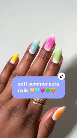 soft summer aura nails 💛🩵🩷💚🧡 products used: flower girl + hide the rum! + send noodles + hot stuff + tranquila y tropical + limoncello + totally gelly  #summernails #auranails #easynails #athomenails #nailsathome #softsummer #colorfulnails #nailtutorials #trendynails 