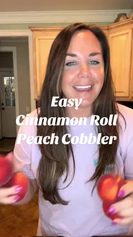 Cinnamon Roll Peach Cobbler: Peel and cut 8-9 fresh peaches (can use frozen as well), place in 9x13 dish. Add 1/2 cup sugar, 1 T cornstarch, 1 t cinnamon. Mix well. Cut 2 cans of cinnamon rolls into quarters and spread onto an even layer on top of peaches. Cover with aluminum foil and bake at 350 degrees for 20 minutes. Remove foil and bake another 20 minutes. Using icing included with cinnamon rolls, put into a mixing bowl and add 1/2 cup powdered sugar, splash of vanilla, and 1-2 T of milk. Stir together, removing all lumps, and drizzle over warm cobbler. #southern #southernrecipes #freshpeaches #peaches #desserts #easydesserts #southerndesserts 