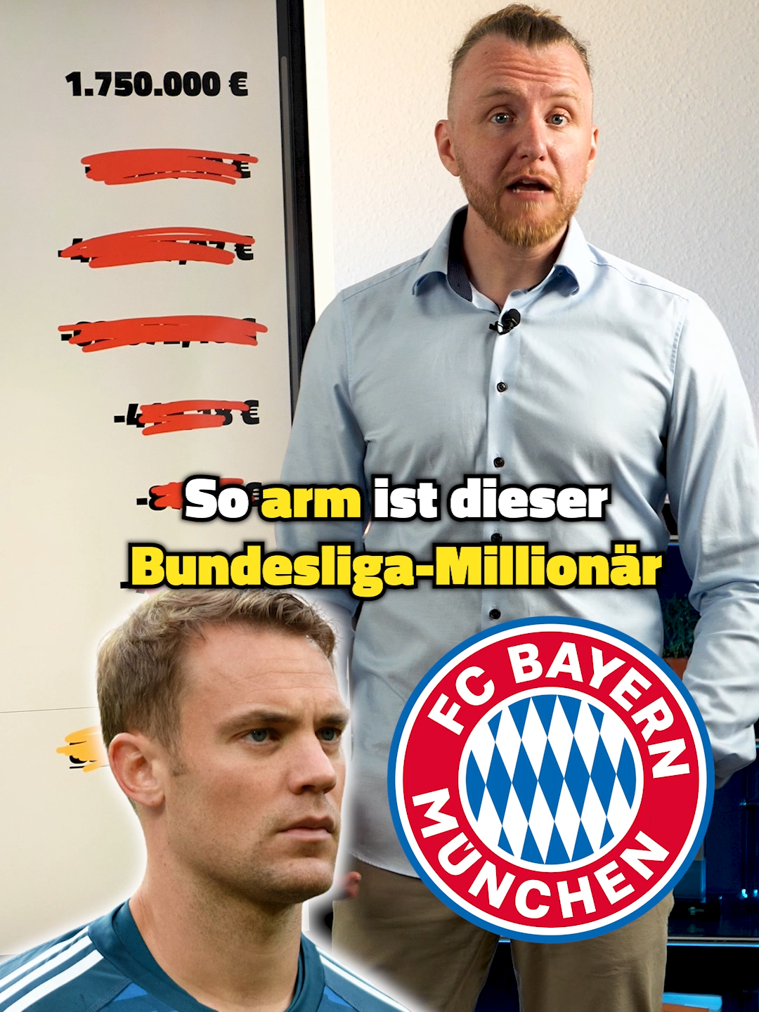 21 Millionen, so viel bleibt hängen😳 So arm ist dieser Bundesliga-Millionär wirklich: Manuel Neuer verdient monatlich 1.750.000 € brutto. Nach Abzügen für Lohnsteuer (783.759 €), Solidaritätszuschlag (43.087 €), Kirchensteuer (62.672 €), Krankenversicherung (419 €) und weiteren Abgaben bleiben ihm nur noch 859.174,37 € netto übrig. #steuern #manuelneuer #fcbayern