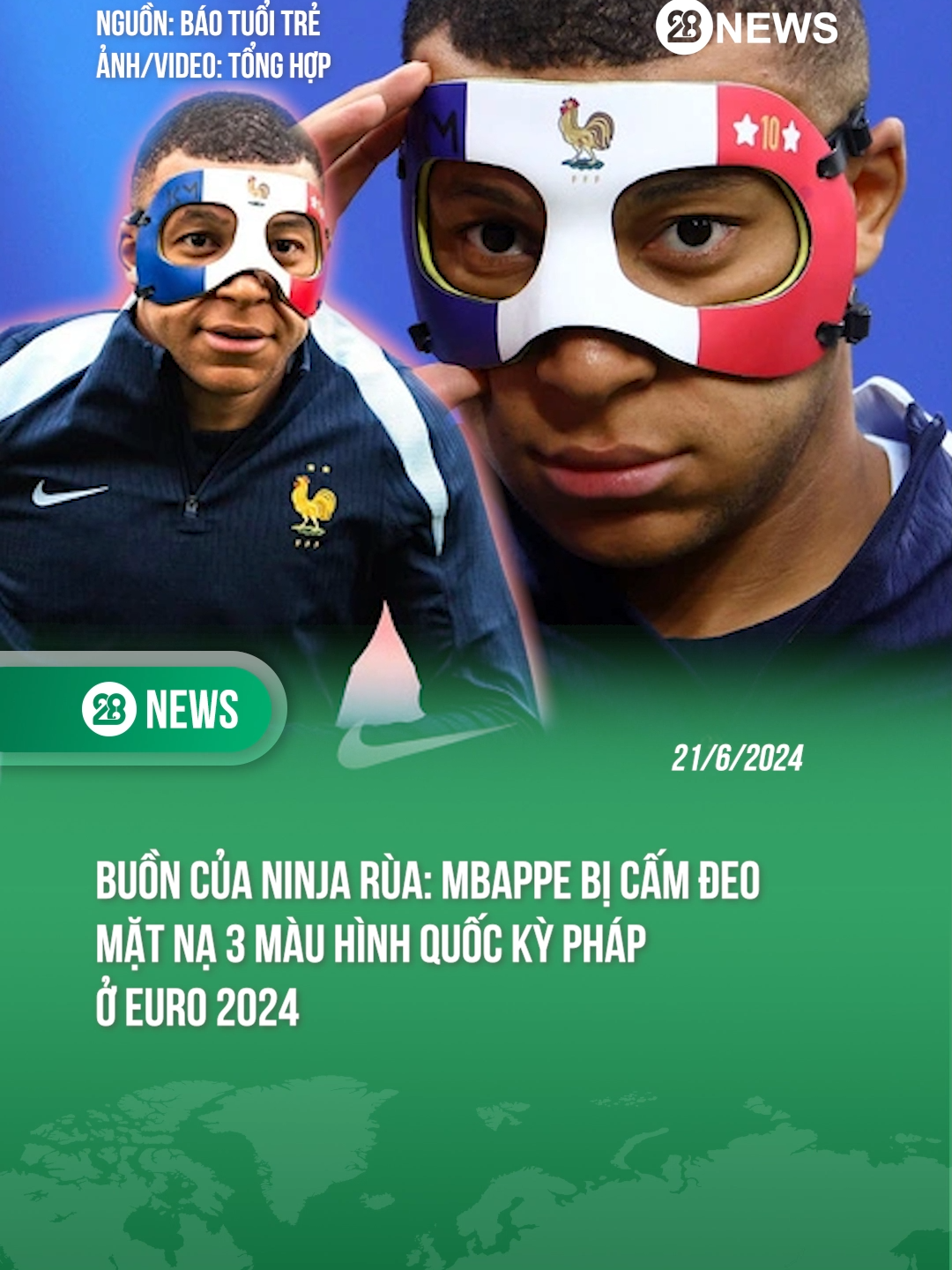 MBAPPE BỊ CẤM ĐEO MẶT NẠ 3 MÀU HÌNH QUỐC KỲ PHÁP Ở EURO 2024 #mbappe #theanh28news #theanh28 #tiktoknews