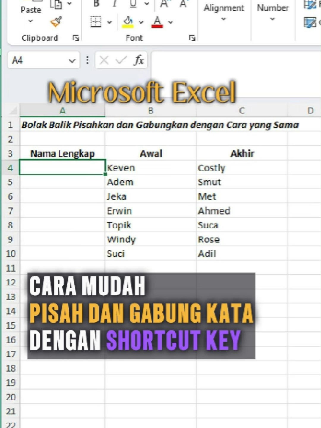 Cara Pisah dan Gabung Lengkap Nama Depan dan Belakang  #exceltrick#excelindonesiaia #exceltips  Jangan lakukan manual untuk memisahkan nama depan dan nama belakang, maupun penggabungan kedua nama tersebut, tapi lakukan cara ini dengan Shortcut Key.
