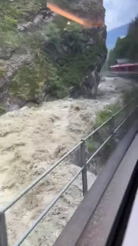Matterhorn Gotthard Bahn RE41, last train out of Zermatt this morning before the town was cutoff from the world due to flooding and landslides. No rail or road transport is possible. The river Vispa has broken its banks, centre of the town is flooded. #zermatt #matterhorn #sbb #switzerland #climatechange 