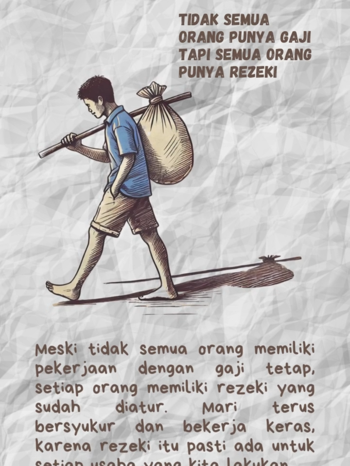 Ilustrasi sketsa yang mengingatkan kita bahwa rezeki datang dalam berbagai bentuk dan dari berbagai sumber. Meski tidak semua orang memiliki pekerjaan dengan gaji tetap, setiap orang memiliki rezeki yang sudah diatur. Mari terus bersyukur dan bekerja keras, karena rezeki itu pasti ada untuk setiap usaha yang kita lakukan. #Motivasi #Inspirasi #Rezeki #KerjaKeras #Syukur #Sketsa