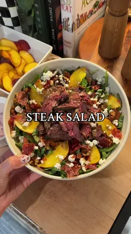 Steak Salad Sundays Part 24🍑 Peach steak salad with crispy prosciutto oh myyyyy For the salad: 2 cups arugula Sliced steak A few slices of heirloom tomato 1/2 yellow peach, sliced Small handful sliced shallot Small handful chopped basil Small handful sweet and spicy pecans Crispy prosciutto, to taste Crumbled goat cheese, to taste Balsamic vinaigrette Balsamic Vinaigrette: 1/2 cup olive oil 1/4 cup balsamic vinegar 3 cloves garlic, minced 1-2 tbsp hot honey 1 tbsp dijon mustard 1/4 tsp salt 1/4 tsp pepper 1 tbsp mayo Steak Marinade (this was for about 3 lbs steak): 1 cup olive oil Juice of two lemons 1/2  cup soy sauce 1 peach, minced (including juice) 1 cup cilantro, chopped 1/2 cup parsley, chopped  10 cloves minced garlic 1 shallot, minced  1 tbsp salt 1 tsp crushed red pepper 1 tsp black pepper 1 tsp cumin 1 tsp paprika 1 tsp Chili powder 1 tsp onion powder 1 tsp garlic powder #steaksaladsunday #steaksalad #steak #salad #dinner #dinneridea #dinnertime #dinnerinspo #mealinapo #saladrecipe #cooking #steaksaladsundays 