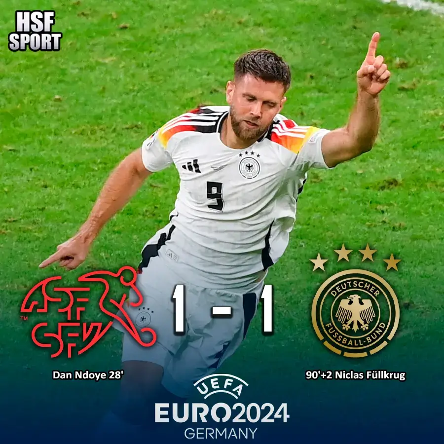 Alemania 🇩🇪 y Suiza 🇨🇭 empataron 1-1 con goles de Dan Ndoye y Niclas Füllkrug y con este resultado Alemania termina primera en el grupo A. #EURO2024 #Alemania #Suiza #Futbol #football #deportes #eurocopa2024 #hsfsport #Fullkrug