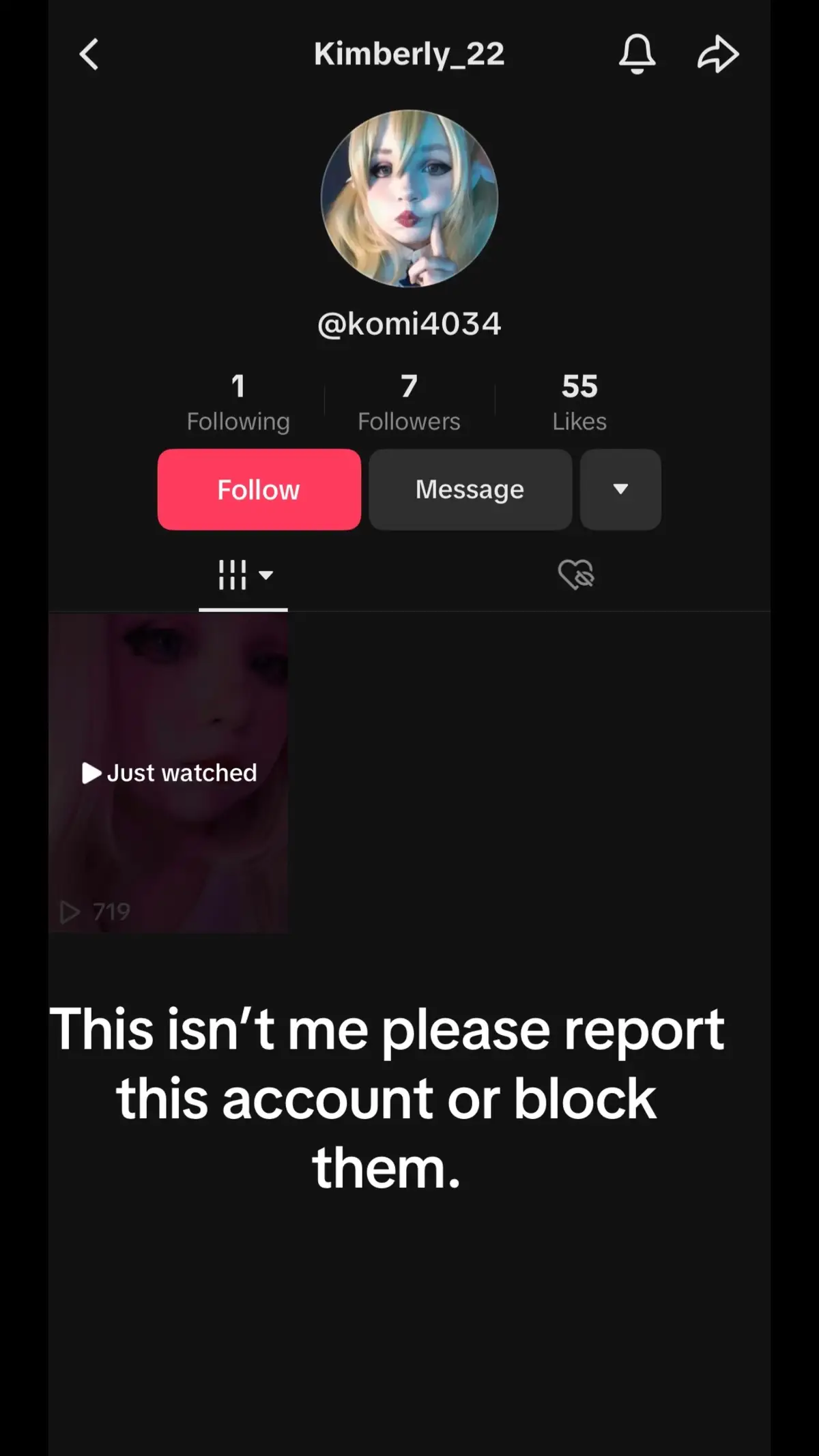 Idk who this is but they already almost have more likes than my og video got so..😡😡 but yeah ‼️Please report this account it is not me i dont have any alts except my mum has two accounts and she likes reposting my videos but idk who this person is and theyve alrwady gotten my mums video about them taken down but tiktok wont do anything about them??‼️ #cosplayer #fakeacc #fakeaccount #report #fyp #cosplayfyp 