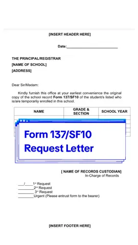 Form 137/SF10 Request Letter | Sample Template  #sampleonly #deped #sampleletter 