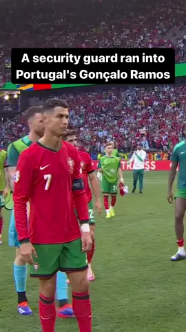 A security guard ran into Portugal’s Gonçalo Ramos while chasing a fan who stormed the field after the match. (via foxsoccer) #securityguard #ronaldo #Soccer #euro #tiktok #zxycba