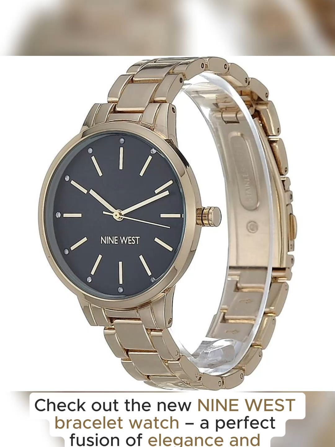 Nine West Women's Crystal Accented Bracelet Watch - Glossy Black Dial with Gold-Tone Hands and Crystal Markers
