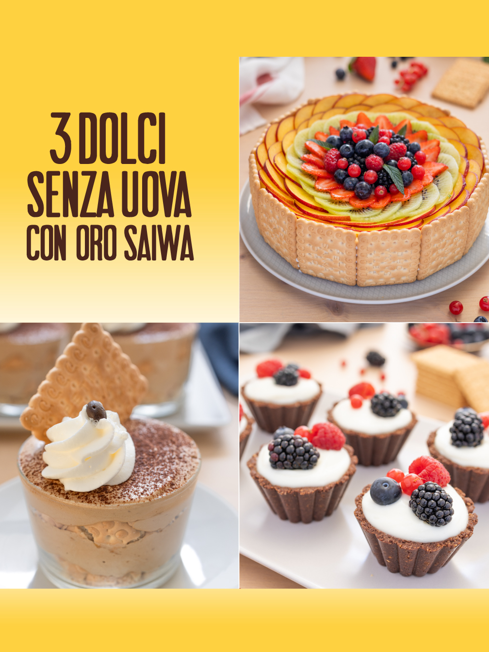 3 DOLCI SENZA UOVA CON BISCOTTI ORO SAIWA  Tre ricette senza uova e senza cottura per dei dessert freschi, golosi e scenografici perfetti per chiudere in bellezza pranzi e cene speciali. INGREDIENTI  ☕ PER LA MOUSSE AL CAFFÈ 125 g Biscotti ORO SAIWA Oro Classico 80 g zucchero 25 g caffè solubile 25 g amido di mais 1 cucchiaio cacao amaro + q.b. per decorare 300 ml latte 400 ml panna da montare già zuccherata per la mousse e per la decorazione chicchi di caffè q.b. 🥝 PER LA CHARLOTTE ALLA FRUTTA  250 g Biscotti ORO SAIWA Oro Classico 90 g zucchero 40 g amido di mais 1 bustina vanillina 500 ml latte + q.b. per la bagna 8 g gelatina in fogli 400 ml panna da montare già zuccherata frutta fresca mista q.b. (pesche, fragole, kiwi, frutti di bosco) menta q.b. 🫐 PER I TORTINI AL CIOCCOLATO E FRUTTI DI BOSCO  125 g Biscotti ORO SAIWA Oro Classico 360 ml latte per la crema e per la base 70 g zucchero 25 g amido di mais 1 bustina vanillina 100 g cioccolato fondente tritato frutti di bosco q.b. per decorare #dolcisenzauova moussealcaffe #charlotte #tortinoalcioccolato #orosaiwa #ricettafacile #recipe #benedettarossi #fattoincasadabenedetta #cucinaitaliana #ad