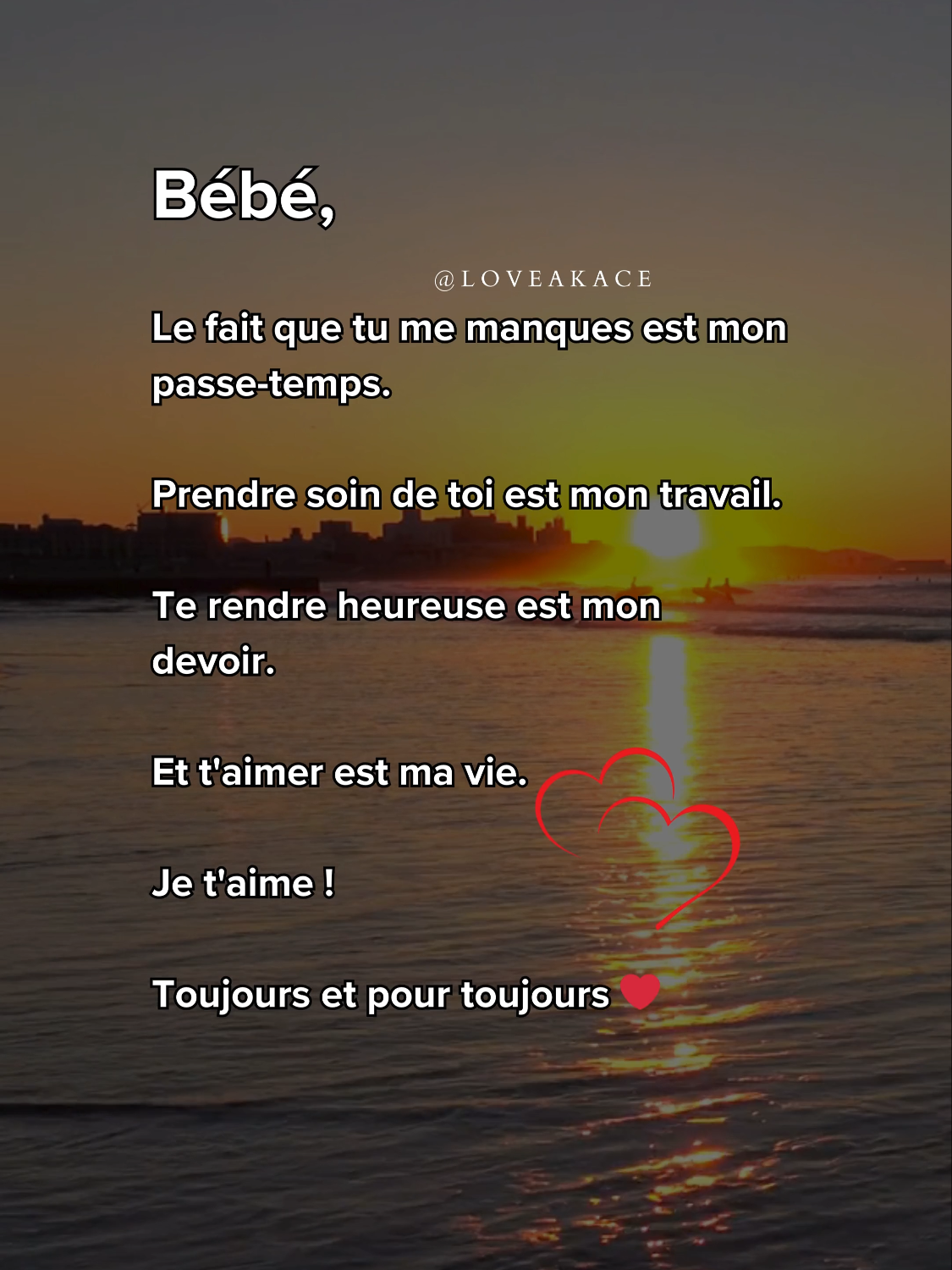 Bébé, Le fait que tu me manques est mon passe-temps. Prendre soin de toi est mon travail. Te rendre heureuse est mon devoir.  Et t'aimer est ma vie. Je t'aime... . . #motsdamour #messagedamour #textedamour #declarationdamour #promessedamour #amourinfini #amoureternel #jetaime #monamour #monhomme #mavie #amoureux #amoureuse #loveakace #akace #akacesylso