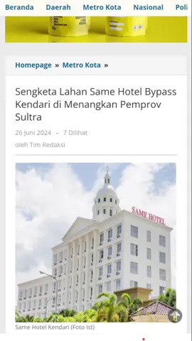 Fokusnews.id,Kendari - Pemerintah Provinsi Sulawesi Tenggara (Pemprov Sultra) berhasil memenangkan perkara perdata terkait sengketa tanah yang menjadi lokasi berdirinya Hotel Same Bypass Kendari. Gugatan tersebut diajukan oleh Usman dan telah diputuskan oleh Mahkamah Agung RI melalui Putusan Peninjauan Kembali Nomor 708 PK/PDT/2021 tanggal 11 Oktober 2021. Kepala Biro Hukum Setda Prov. Sultra, Syafril, SH., M.Hum, dalam press release-nya menjelaskan bahwa Mahkamah Agung RI memutuskan untuk mengabulkan permohonan peninjauan kembali dari Gubernur Provinsi Sulawesi Tenggara, serta membatalkan Putusan Pengadilan Negeri Kendari Nomor: 52/Pdt.G/2008/PN.Kdi tanggal 25 Mei 2009. Mahkamah Agung juga menghukum Usman, selaku termohon peninjauan kembali, untuk membayar biaya perkara dalam semua tingkat peradilan sebesar Rp. 2.500.000. Sengketa ini bermula ketika Usman mengklaim memiliki sebidang tanah seluas 1.842 m² berdasarkan Sertifikat Hak Milik (SHM) di lokasi yang juga diklaim oleh Pemprov Sultra berdasarkan Sertifikat Hak Pakai (SHP) Nomor 91/Kemaraya dengan luas 47.242 m². Pada tahun 2009, Pengadilan Negeri Kendari mengabulkan sebagian gugatan Usman, menyatakan bahwa tanah tersebut adalah milik Usman, dan membatalkan SHP Pemprov Sultra. Namun, belakangan terungkap bahwa putusan Pengadilan Negeri Kendari didasarkan pada keterangan palsu yang diberikan oleh Usman. Usman diduga menyuruh Syafruddin alias Udin untuk membuat laporan kehilangan SHM Nomor 581 Tahun 1982 di Polda Sultra pada tahun 2006, yang kemudian digunakan sebagai dasar gugatan terhadap Pemprov Sultra. Padahal, tanah tersebut telah dijual oleh Usman kepada Hj. Nurhayati Muslih pada tahun 1982. Atas tindakan tersebut, Pemprov Sultra melaporkan Usman dan Syafruddin secara pidana ke Polda Sultra. Syafruddin dinyatakan bersalah dan dijatuhi hukuman 1 tahun 6 bulan penjara, sementara Usman tidak dapat dituntut karena telah meninggal dunia. Putusan ini diketahui Pemprov Sultra pada tahun 2019, yang kemudian menjadi dasar bagi Gubernur Sulawesi Tenggara untuk mengajukan peninjauan kembali ke Mahkamah Agung. Saat ini, Sertifikat Hak Pakai Nomor 91 Tahun 1989 milik Pemprov Sultra telah dibatalkan oleh Kanwil BPN Prov. Sultra melalui Surat Keputusan Kepala Kanwil BPN Prov. Sultra Nomor 205 Tahun 2013. Namun, SK ini didasarkan pada putusan Pengadilan Negeri Kendari yang telah dibatalkan oleh Mahkamah Agung. Oleh karena itu, Pemprov Sultra sedang berkoordinasi untuk membatalkan SK Kepala Kanwil BPN Prov. Sultra Nomor 205 Tahun 2013. Syafril menegaskan bahwa Pemprov Sultra akan terus memperjuangkan hak atas tanah tersebut dan memastikan bahwa proses hukum berjalan sesuai dengan ketentuan yang berlaku. “Kasus ini menjadi pengingat bagi masyarakat untuk selalu berhati-hati dalam membeli tanah dan memastikan keabsahan kepemilikannya,” tukasnya. Redaksi: Fokusnews.id