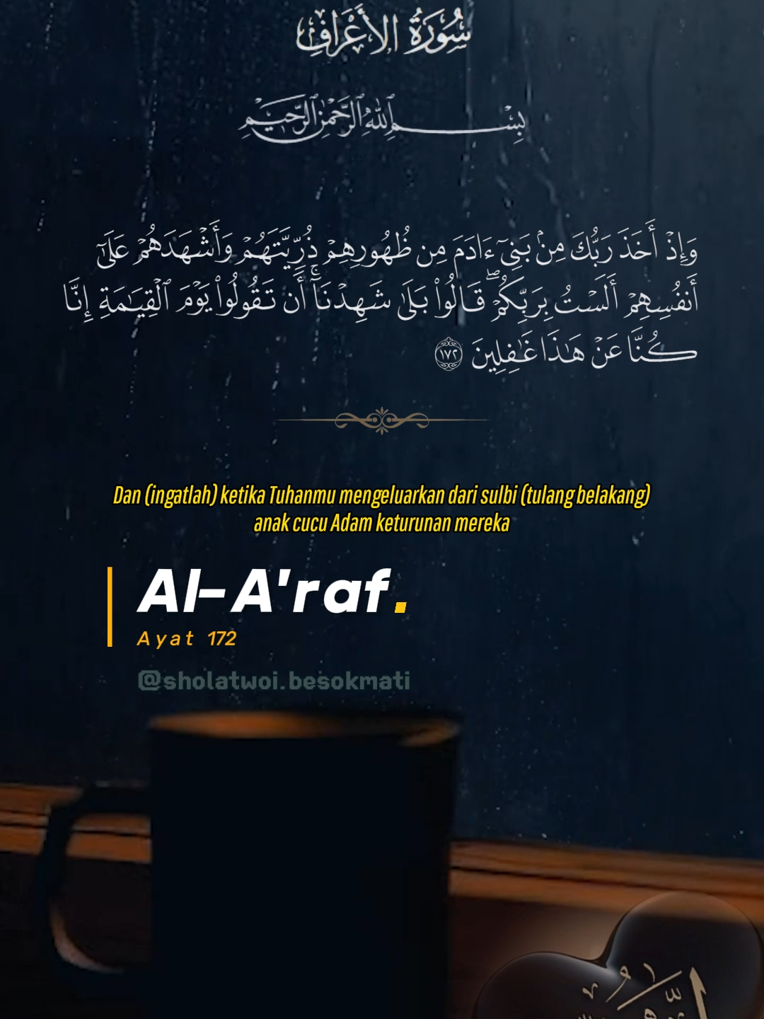 AL ARAF 172-173-174 TAFSIR -> Allah berfirman, “Dan ingatlah ketika Tuhanmu mengeluarkan dari sulbi, yakni tulang belakang anak cucu Adam, keturunan mereka yang melahirkan generasi-generasi selanjutnya. Dan kemudian Dia memberi mereka bukti-bukti ketuhanan melalui alam raya ciptaanNya, sehingga-dengan adanya bukti-bukti itu-secara fitrah akal dan hati nurani mereka mengetahui dan mengakui kemahaesaan Tuhan. Karena begitu banyak dan jelasnya bukti-bukti keesaan Tuhan di alam raya ini, seakan-akan Allah mengambil kesaksian terhadap roh mereka seraya berfirman, “Bukankah Aku ini Tuhan Pemelihara-mu dan sudah berbuat baik kepadamu?” Mereka menjawab, “Betul Engkau Tuhan kami, kami bersaksi bahwa Engkau Maha Esa.” Dengan demikian, pengetahuan mereka akan bukti-bukti tersebut menjadi suatu bentuk penegasan dan, dalam waktu yang sama, pengakuan akan kemahaesaan Tuhan. Kami lakukan yang demikian itu agar di hari Kiamat kamu tidak lagi beralasan dengan mengatakan, “Sesungguhnya ketika itu kami lengah terhadap ini, tidak tahu apa-apa mengenai keesaan Tuhan.” Atau agar kamu tidak beralasan dengan mengatakan seandainya tidak ada rasul yang Kami utus atau tidak ada bukti-bukti itu, “Sesungguhnya nenek moyang kami telah mempersekutukan Tuhan sejak dahulu, sedang kami tidak mempunyai pembimbing selain mereka, sehingga kami mengikuti mereka saja, karena kami adalah keturunan yang datang setelah mereka dan hanya mengikuti jejak mereka. Maka apakah wajar wahai Tuhan, Engkau akan menyiksa dan membinasakan kami karena perbuatan syirik yang diwariskan kepada kami oleh orang-orang dahulu yang sesat?” Agar orang-orang musyrik itu jangan mengatakan bahwa nenek moyang mereka dahulu telah mempersekutukan Tuhan, sedang mereka tidak tahu menahu bahwa mempersekutukan Tuhan itu salah, tidak ada jalan lagi bagi mereka, hanya meniru nenek moyang mereka yang mempersekutukan Tuhan. Karena itu mereka menganggap mereka tidak patut disiksa karena kesalahan nenek moyang mereka. #sholatwoi #sholatwoibesokmati #murottalquran #murottalmerdu #ngajiyuk #hijrahyuk #tafsiralquran #terjemahanalquran #bismillahfyp #alaraf172 #alaraf173 #alaraf174 #alaraf