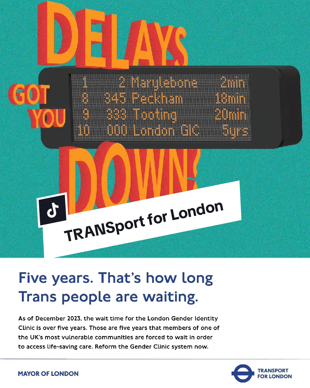 This #PrideMonth, we caught up with graduating Camberwell College of Arts student Gabe Merezeanu to discuss his recent project, “TRANSport for London.”  This is a series of posters that focus on the lack of access to gender affirming healthcare in London, utilising the well established branding associated with Transport for London.