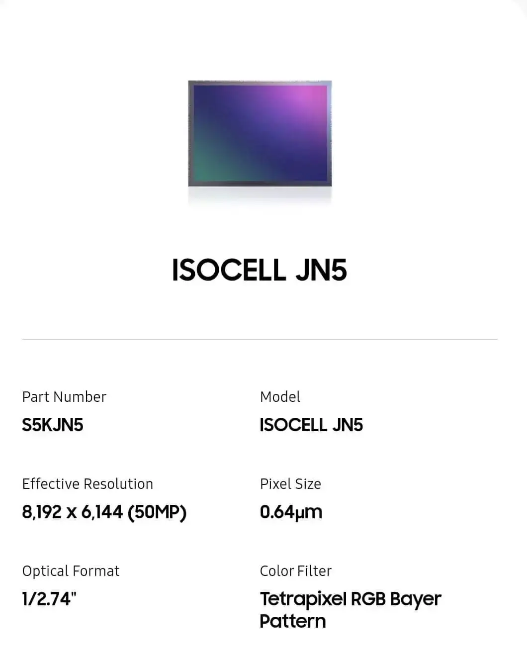 1. ISOCELL JN5 50MP 2. ISOCELL GNJ 50MP 3. ISOCELL HP9 200MP ISOCELL JN5 used in: 1. OPPO Reno 12 Pro = Ultrawide & Selfie 2. Realme GT 6 = Telephoto Camera ISOCELL GNJ used in: 1. vivo V30 = Main Camera ISOCELL HP9 used in: 1. VIVO X100 Ultra = Telephoto Periscope 