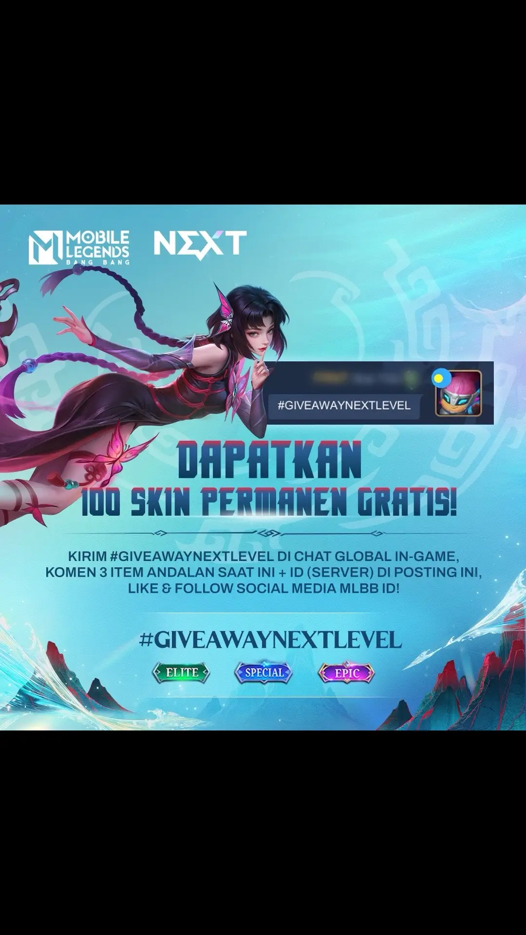 💯 SKIN PERMANEN GRATIS buat #GIVEAWAYNEXTLEVEL (Cek highlight 🎁 WINNER untuk lihat ribuan pemenang-pemenang giveaway sebelumnya 🤫) Caranya gampang banget: ✉ Kirim text #GIVEAWAYNEXTLEVEL di ingame global chat 👉 Komentar 3 items favorit saat ini + ID (SERVER) 💙 Like post ini + follow social media MLBB ID Masih ada banyak event in-game dengan skin permanen gratis! Cek sekarang gesss 🫶🏻 