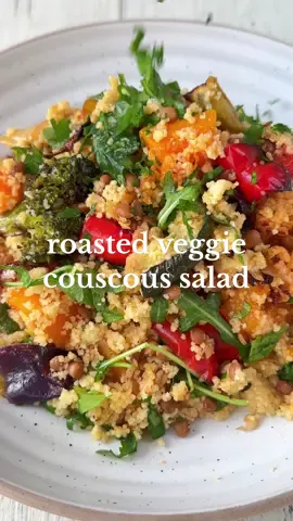 Have a bunch of veg to use up? Make this Roasted Vegetable Couscous Salad! 😌Welcome to Episode 11 of Salads That ✨Don't Suck✨ Today we're making sure that produce doesn't go to waste by making this warm hearty bowl of goodness!  (Note: Full recipe below but this is SO customisable so simply use any veg you have or prefer)   Serves: 4  Prep: 20 mins Cook:  Ingredients 1/2 pumpkin 1 zucchini 1 leek 1 red capsicum 1 red onion 1/4 cauliflower 1 head broccoli  1.5 tbsp olive oil 1/2 tsp smoked paprika 1/2 tsp garlic powder 1/2 tsp onion powder 1/2 tsp ground cumin 1 tsp dried oregano Salt & pepper Couscous:  1 cup veggie stock  2 tsp olive oil Pinch of salt  1 cup couscous Other:  1 can lentils, drained & rinsed  1 cup rocket or arugula  1/4 cup fresh parsley, chopped Dressing:  2 tbsp olive oil 2 tbsp lemon juice 1 tbsp balsamic vinegar 2 tsp maple syrup 1 clove garlic 1 tsp Dijon mustard  Salt & pepper Method:  1. Preheat oven to 200°C. Line a large baking tray and set aside. 2. In the meantime, prep your veggies and slice up into smaller bite sized pieces. 3. Add onto the baking tray with oil and all of the listed herbs and spices. Roast in the oven for 30-40 minutes or until golden and cooked through.    4. In the meantime, add the veggie stock, oil and salt in a saucepan and bring to the boil. Turn off heat, add in couscous, pop lid on and set aside for 5 minutes. When ready, fluff up with a fork.  5. For the dressing, add all of the ingredients into a small glass and whisk well to combine.  6. Add the couscous, roast veg, lentils, rocket and parsley into a large bowl. Pour on the dressing and mix until well coated. Enjoy! 🥣🍃  #vegan #plantbased #healthyrecipe #healthyfood #saladrecipe #salads #EasyRecipe #health #vegansalad #plantbasedrecipe #saladdressing #saladideas #couscous 