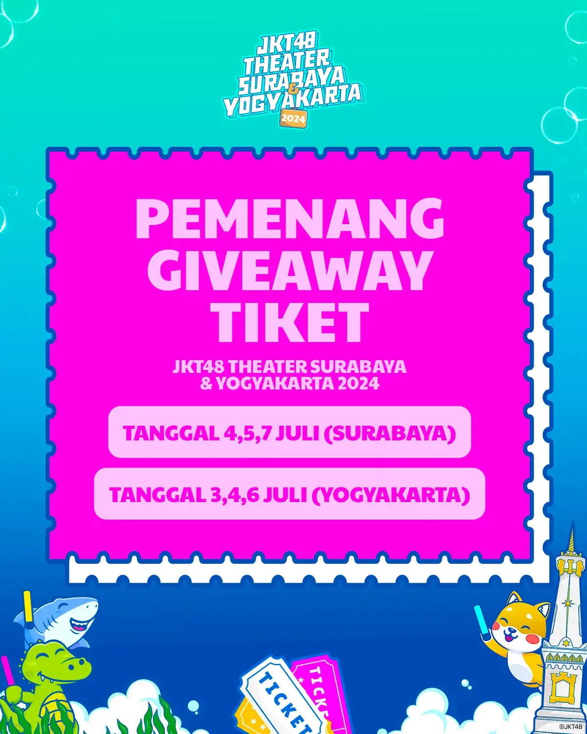 SELAMAT UNTUK PARA PEMENANG GIVEAWAY TIKET JKT48 Theater Surabaya & Yogyakarta 2024 tanggal 3-7 Juli 2024 Terima kasih untuk semua yang telah mengikuti giveaway ini!  #JKT48TheaterSementara24  #JKT48ThaterSementaraSBY #JKT48TheaterSementaraDIY #GAJKT48theatersbydiy 