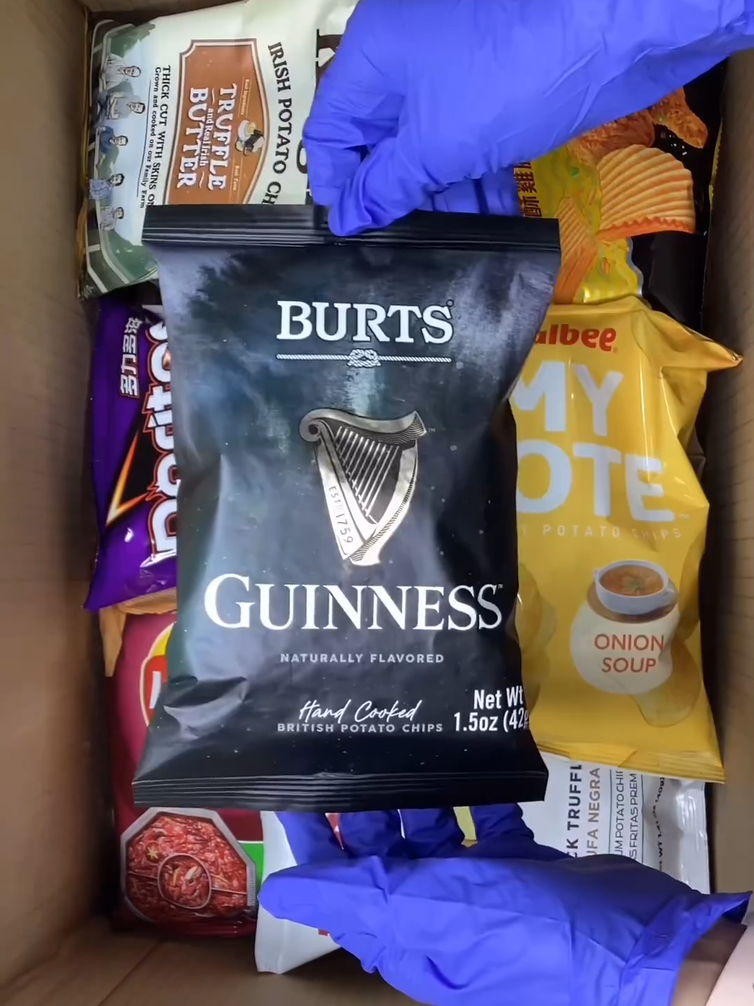 Packing your first order because you can’t wait to try them out Order details -Aloha Maid Fuji Apple Drink (Hawaii) -Asahi Mitsuya Cider Bottle Can 10.1 fl oz (Japan) -Burts Guinness Original Potato Chips (1.5oz)(UK) -Cadbury Wispa (United Kingdom) -Calbee My Pote Potate Onion Soup (Japan) -Club Orange Can (Ireland) -Doritos Garlic Steak (Taiwan) -Eurocake Custard (Thailand) -Fanta - Jasmine Peach (China) -Fanta - Lime (China) -Fanta - Watermelon (China) -Freebies 10X -Freebies 5X -Fry’s Turkish Delight (UK) -Fujiya Pekochan Gummy Grape (Japan) -Gatorade Blueberry (China) -Hikari Menraku Yakisoba Soy Sauce (Japan) -Hikari Menraku Yakisoba Umami Sauce (Japan) -Keoghs Truffle Butter (Ireland) -Knoppers Baton Kokosowy (Germany) -Knoppers Joghurt (Germany) -Lay’s Crispy Fried Chicken (Taiwan) -Lay’s Numb & Spicy Hot Pot (China) -Myojo Bowl Udon Beef (Japan) -Nestle Kit Kat Chunky Peanut Butter (Poland) -Pepsi Bamboo Yuzu (China) -Pocky Double Stick - Cheese Cake (China) -Torres Selecta Potato Chips Black Truffle (Spain) -UHA Puchao Grape (Japan)