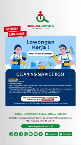 Info loker Jogja terbaru hari ini untuk posisi: CLEANING SERVICE Share & ajak temenmu untuk bekerja 😁 Download aplikasi mobile Jogjalowker di Play Store / App Store untuk akses lebih mudah dan cepat (link di bio) 😍 #jogjalowker #loker #lowongankerjajogja #lokerjogja #lokersleman #lokerbantul #lokeryogyakarta #lokergunungkidul #lokerkulonprogo #lokerjogjaterbaru #jobfaireveryday