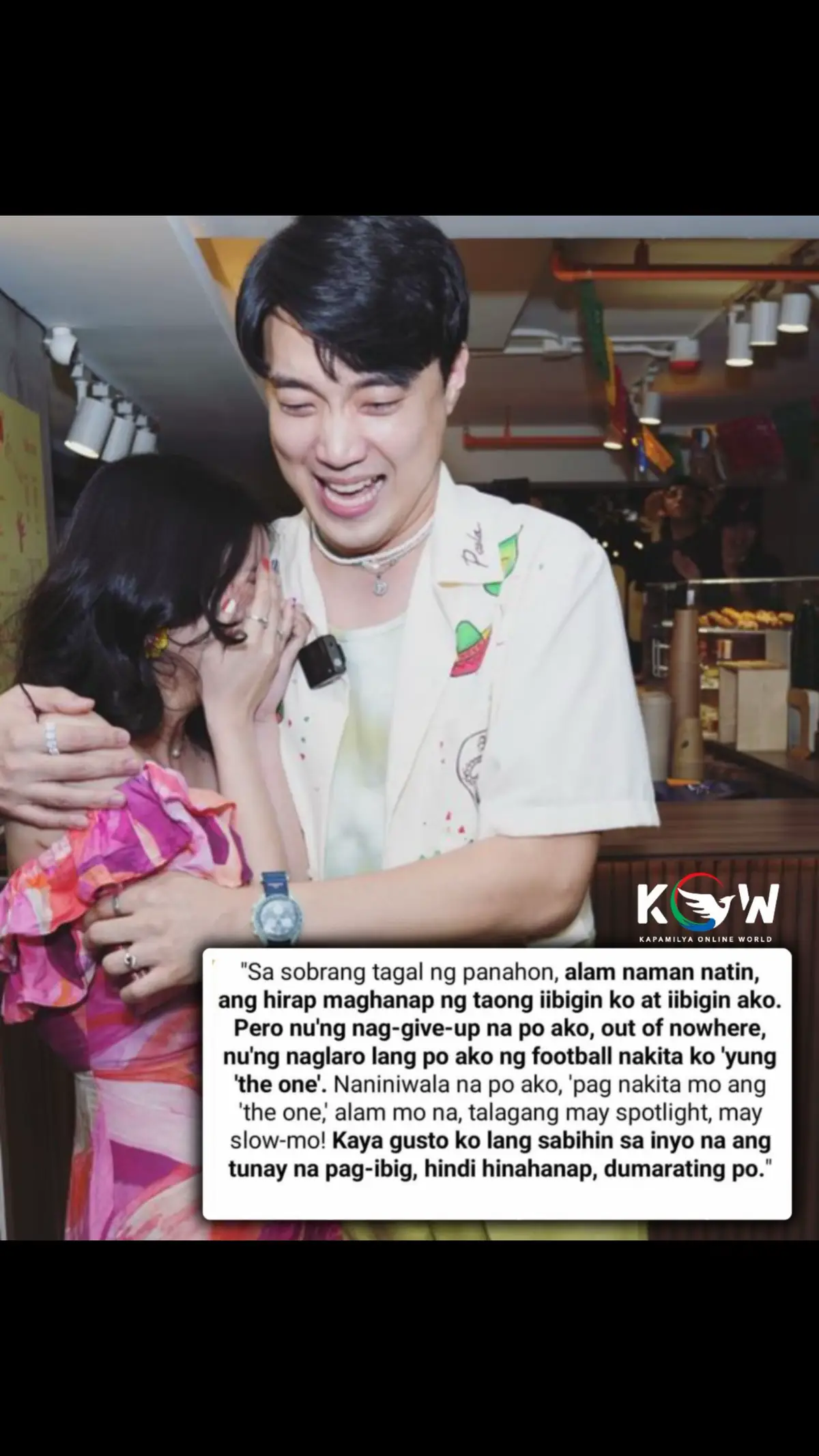 When Ryan Bang said: “TUNAY NA PAG-IBIG, HINDI HINAHANAP, DUMARATING.” 🥹❤️ “Dumating sa punto na nag-give up na ako. Kasi baka gusto talaga ni Lord na single ako, para makapag-focus ako sa sarili ko. Pero nung nag-give up na po ako talaga, out of nowhere, nung naglaro lang po ako ng football talaga nakita ko yung the one. Naniniwala na po ako na kapag nakita mo [ang] the one, talagang alam mo na, may spotlight, may slow-mo.” “Alam kong marami diyang Madlang People na tulad ko, matagal na naghihintay ng the one. Gusto ko lang pong sabihin sa inyo na ang tunay na pag-ibig, hindi hinahanap, dumarating po,” 