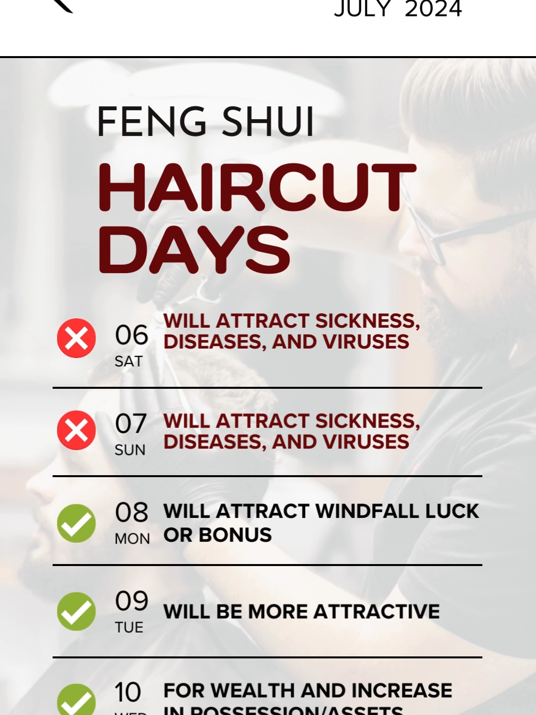 HAIRCUT DAYS JULY 2024. #haircut #haircutdays #julyhaircut#fengshui #fengshuitips #readyfor2024✌️ #fengshui101withMGD #meckyourmove #meckydecena #meckyknows #hofsmanila #hofs #fypシ゚ #trendingnow #trending  #lifecoach #goal