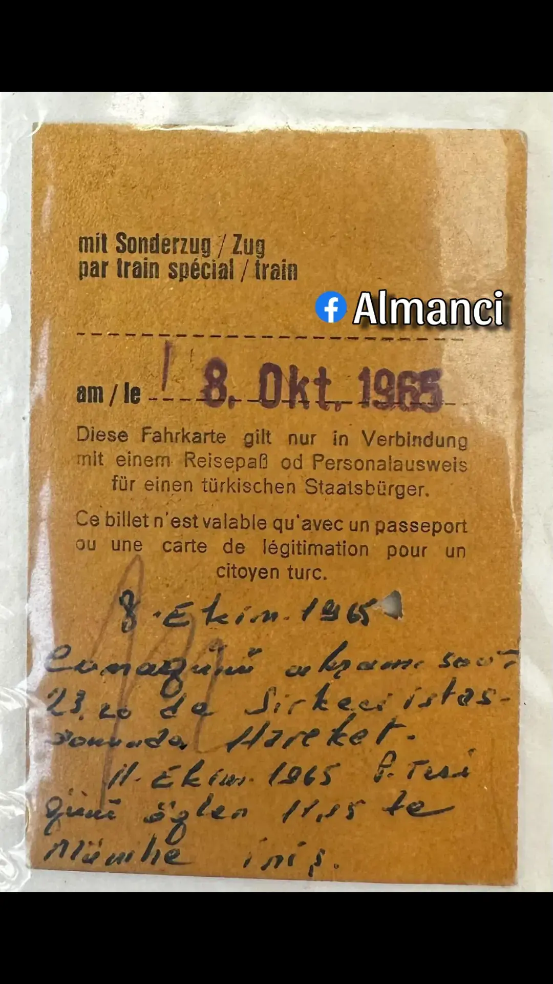 Takipçimiz Ilker Basbug'un babasinin bileti. Bilet üstünde söyle Not alinmis:  8 Ekim 1965 Cuma günü aksam saat 23:20'de Sirkeci istasyonundan Hareket. 11 Ekim 1965 pazartesi günü öglen 11:15 te Münihe iniş. ——— 🟦 Sizlerin'de Fotoğraf, Video ve Hikayelerinizi Paylaşmak isteriz, özelden bize Mesaj atın. --- #almanci #almancı #almanya #alamancı #gurbetçi #mannheim #berlin #frankfurt #stuttgart #hamburg #köln #duisburg #münchen #münih #gurbet #gurbetci #türkiye #brüksel #viyana #wien #istanbul #ankara #izmir #bursa #ausländer #bremen #gelsenkirchen #düsseldorf #sılayolu #augsburg 