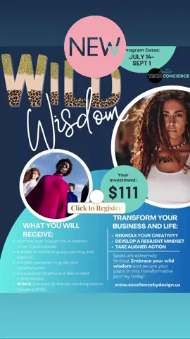Unleash Your Wild Wisdom: A Journey Through the Four Agreements #womenentrepreneurs #resilientmindset #mastermindforwomen #faithtok #christiantok #wildwisdom #thefouragreements 
 An Exclusive 8-Week Virtual Mastermind for Women Entrepreneurs
 
 Are you ready to reclaim your creative power and reignite your entrepreneurial spirit?
 
 Join us from July 14 - September 1, 2024, for a transformative journey that will help you:
 • Rekindle your creativity and passion for your business
 • Develop a resilient mindset to overcome challenges
 • Take aligned action towards your dreams
 
 
 This intimate mastermind is limited to 12 visionary women who are:
 ✓ Entrepreneurs or small business owners
 ✓ High-performing professionals transitioning to entrepreneurship
 ✓ Determined to hold onto their dreams despite life's challenges
 
 What You'll Receive:
 • 8 weeks of intensive virtual group coaching
 • A supportive community of like-minded women
 • Digital workbook to guide your journey
 • BONUS: 30-minute 1:1 coaching session (Valued at $150)
 
 Investment: Only $111 
 (Price increases to $197 on July 5, 2024)
