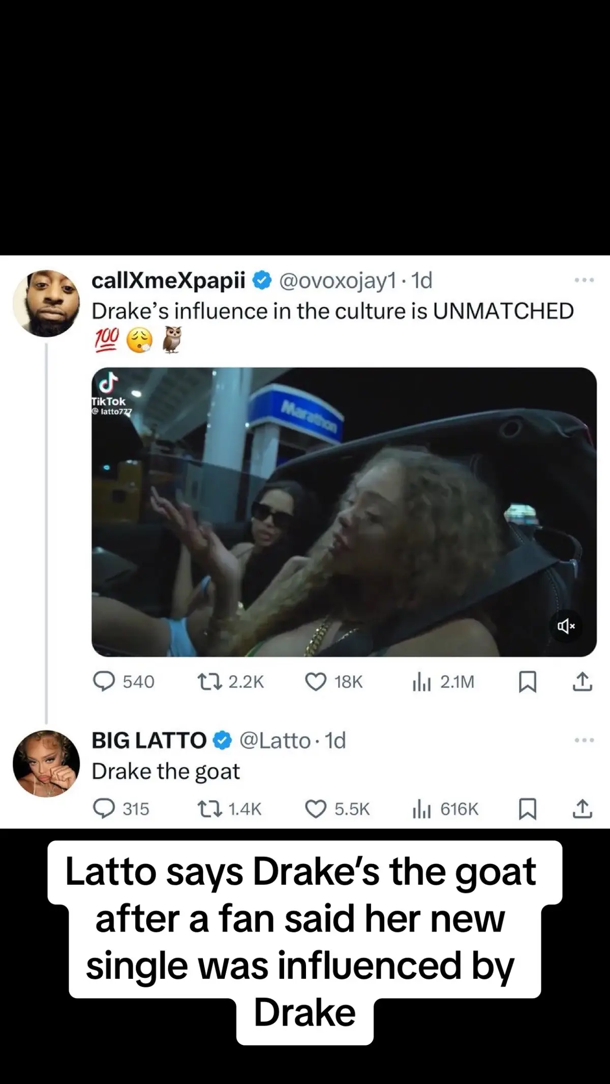 Latto says Drake’s the goat after a fan said her new single was influenced by Drake