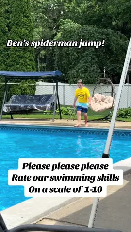 Rate our swimming skills in the comments on a scale of 1-10!  . ✨Ben’s spiderman jump ✨Noah’s swimming ✨Mom’s dive . Let us know how we did!  #Summer #swimming #MomsofTikTok #familyday #poolday #fyp #boymom