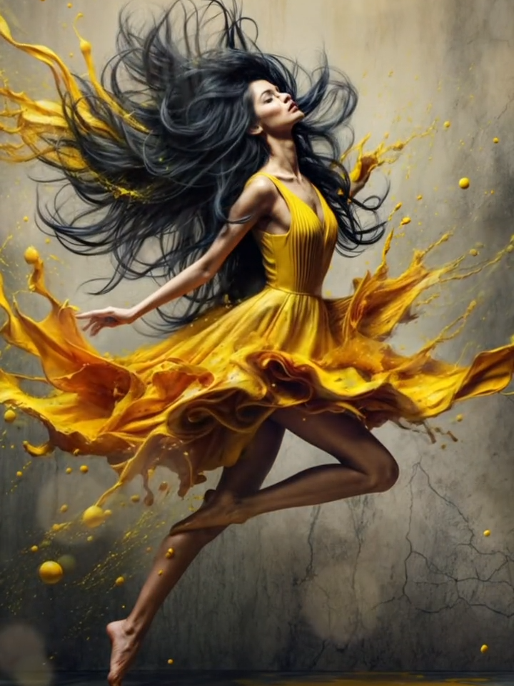 Éclat de jaune en mouvement 💛✨ Admirez la danse vibrante d'une figure féminine en robe jaune, fusionnant élégance et dynamisme. Les éclaboussures vivantes capturent l'énergie et la grâce dans un instant suspendu. Laissez-vous inspirer par cette symphonie de couleur et de mouvement. #ArtNumérique #Danse #Énergie #JauneVibrant #InspirationVisuelle #C2RDesign #Éclaboussures