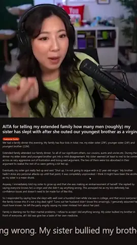 r/aita for telling my extended family how many men my sister has slept with after she outed our youngest brother as a virgin #fuslie #streamer #gaming