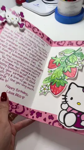part 2 of my hello kitty card!!!  i forgot to leave white spots for the seeds first strawberry:(  #hellokittylover #happybirthday #hellokitty #fypage 