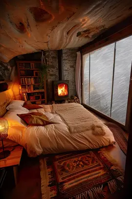 Safe and warm in our snug cave bedroom during the snowstorm #cozycabin #snowfall  #storm 
