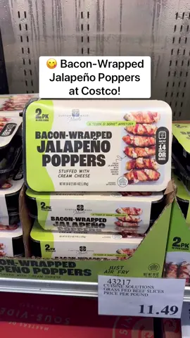 😋 Bacon-Wrapped Jalapeño Poppers at Costco! These cream cheese stuffed poppers are made with fresh jalapeños and hickory smoked bacon…yum! 🤤 They’re even better in the air fryer! ($13.99) #costco #baconwrapped #jalapenopoppers 