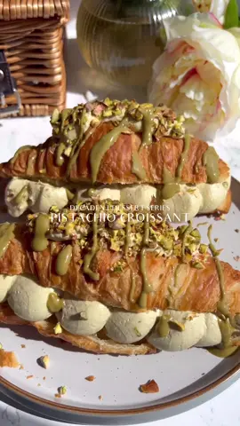 PISTACHIO CROISSANTS 🥐🥐Welcome to Episode 8 of my Decadent Desserts Series! These indulgent stuffed croissants are a delicious indulgent treat that are quick to prepare. Serve with tea ir coffee. #pistachio #croissant #pistachiocream #pistachiopaste #pastry #pistachiocroissantrecipe #dessertideas #easyfoodrecipesontiktok 