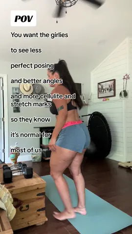 I’m so sick of scrolling filtered videos and photos that smooth out all your shit and only show the pretty. It’s not even the fault of the people who post like that. Because believe me, I would LOVE to look perfect in my photos and videos. But that’s exhausting.  As I hit 40 and then on, I have FORCED myself to become comfortable with me. Just as I am.  Am I always pushing to be better & stronger? Yes.  I am also on the flip side, 100% devoted to knowing that cellulite and some body fat is a thing, and it doesn’t mean you aren’t healthy and active.  That was such a hang up for me. Thinking someone out there is saying to themselves “damn, she doesn’t look like she works out all the time like she says she does.” Whyyyy??? WHO CARES.  So I won’t filter any of it out.  I wanna see real people.  Real bodies.  So I’ll be that.  I’m 5’7 I’m 165 lbs I have rolls when I workout, sit down, & exist I have had cellulite even as a 120 lb size 2 I workout 4-5 days each week I prioritize protein more than I ever have in my whole life And I’ll still eat a cupcake No fad will get you there.  Good nutrition & moving your body will. I encourage you to be on a HEALTH journey with yourself.  Not a journey to perfection.  Not a journey of comparison. That leads to nowhere but unnecessary misery. 🤍 #bodyimagemovement #mirrormirror #healthmatters #nutritionmatters #athomefitness #dumbbellworkouts