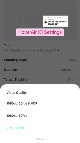 Replying to @Paul Gotti 84  Here are the settings from the app! Lmk if you have any other questions! #drone #hoverairx1 #cameradrone #1080p 