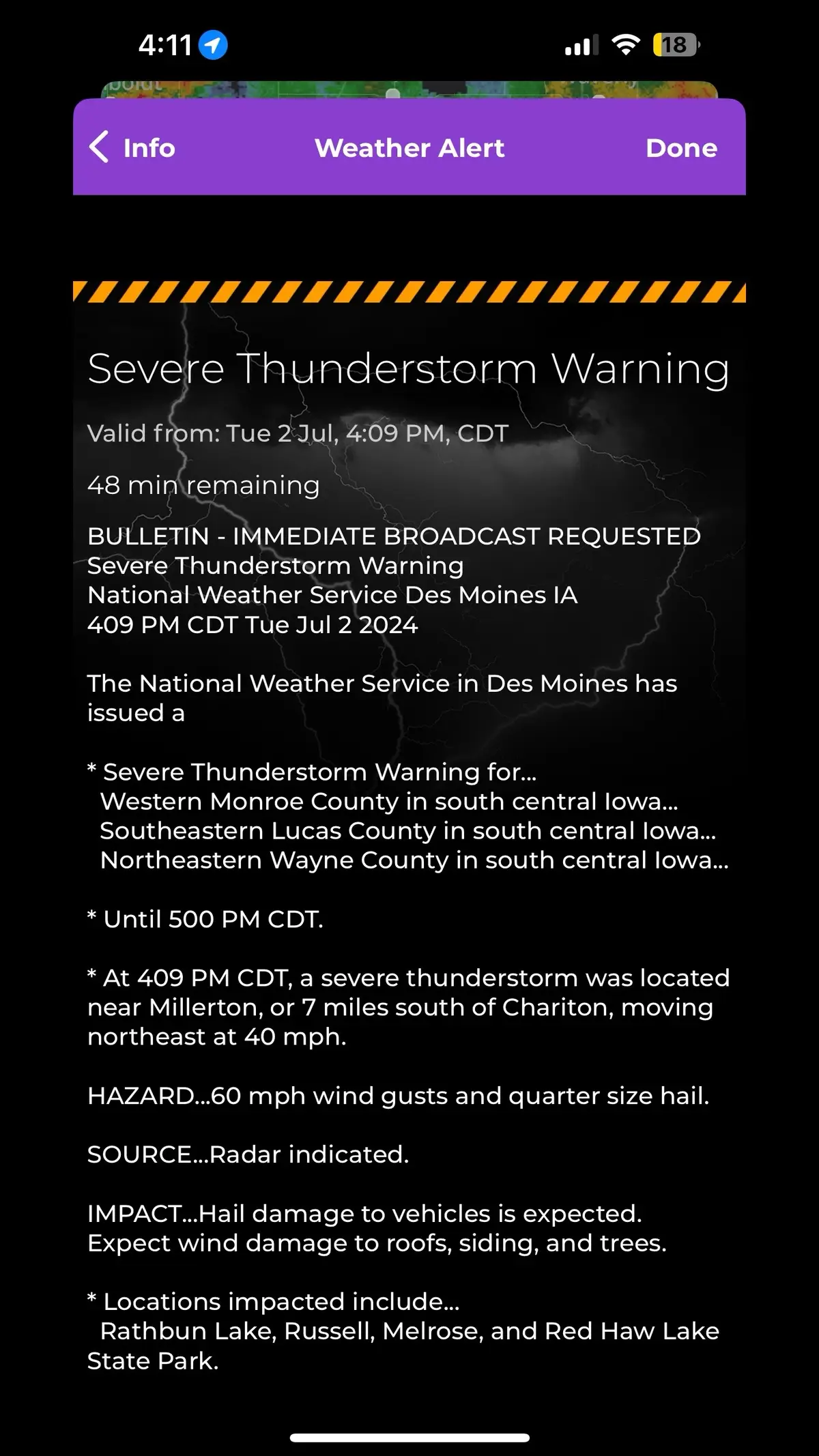 ⚠️🚨⛈️ The National Weather Service in Des Moines  has issued a * Severe Thunderstorm Warning for... Western Monroe County in south central Iowa... Southeastern Lucas County in south central Iowa... Northeastern Wayne County in south central Iowa...  * Until 500 PM CDT.  * At 409 PM CDT, a severe thunderstorm was located near Millerton, or 7 miles south of Chariton, moving northeast at 40 mph. HAZARD...60 mph wind gusts and quarter size hail. SOURCE...Radar indicated. IMPACT...Hail damage to vehicles is expected. Expect wind damage to roofs, siding, and trees.  * Locations impacted include... Rathbun Lake, Russell, Melrose, and Red Haw Lake State Park. PRECAUTIONARY/PREPAREDNESS ACTIONS... Remain alert for a possible tornado! Tornadoes can develop quickly from severe thunderstorms. If you spot a tornado go at once into the basement or small central room in a sturdy structure. For your protection move to an interior room on the lowest floor of a building. A Tornado Watch remains in effect until 900 PM CDT for south central Iowa. && TORNADO...POSSIBLE; HAIL THREAT...RADAR INDICATED; MAX HAIL SIZE...1.00 IN; WIND THREAT...RADAR INDICATED; MAX WIND GUST...60 MPH ⛈️🚨⚠️