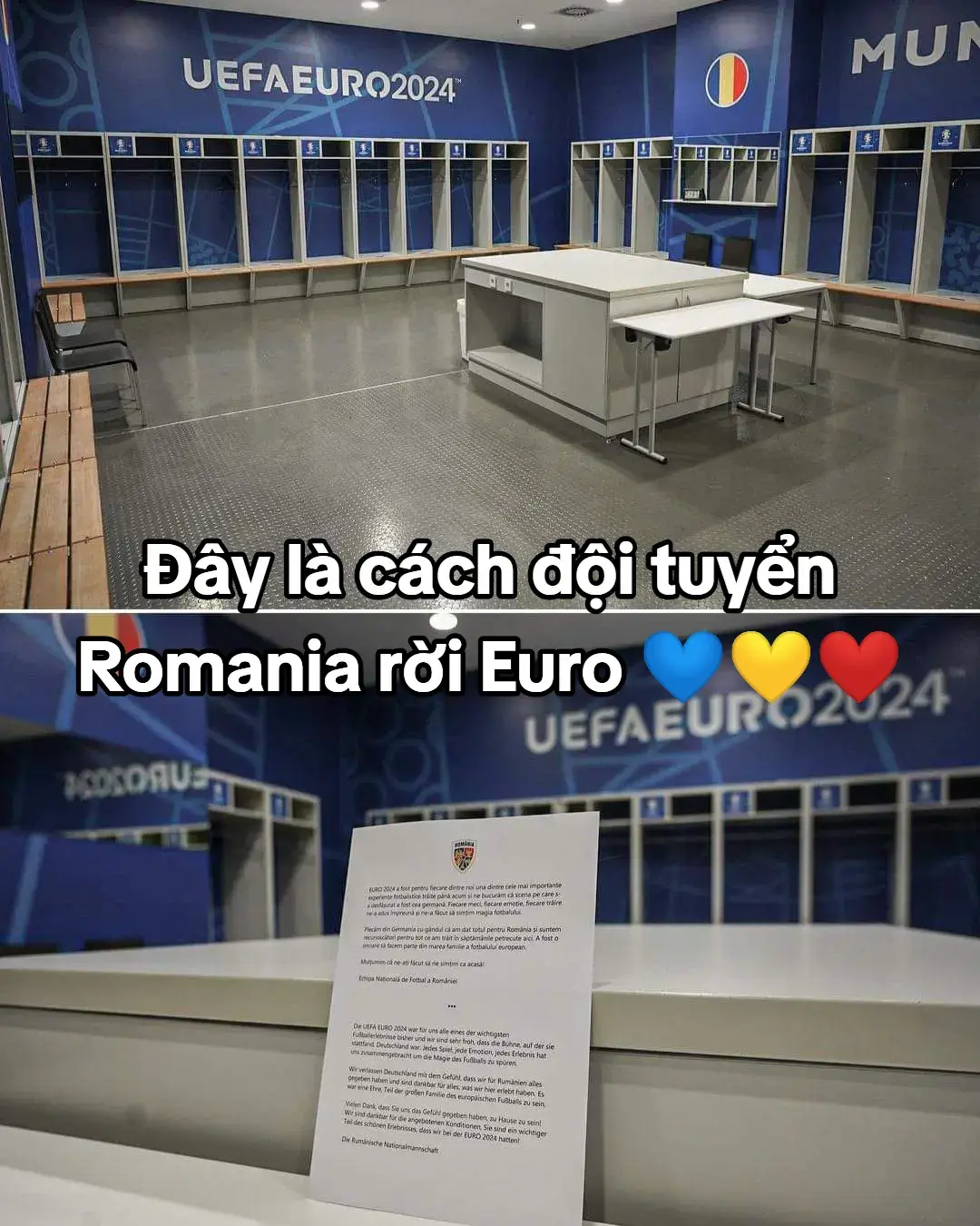 Đây là cách đội tuyển Romania để lại phòng thay đồ tại sân Allianz Arena sau trận thua Hà Lan.  Họ thậm chí còn để lại một lá thư cảm ơn 💛🇷🇴 #romania #EURO2024 #bongda #hiencr7 