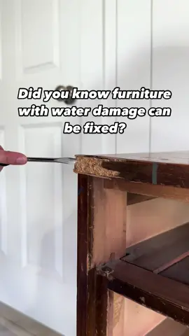 Okay let me clarify… Swollen pressed wood caused by water damaged can be repaired on furniture.  For this specific piece, the pressed wood that was sandwiched between veneer sheets became swollen with moisture and expanded. I used to stay away from these free pieces because I thought any dresser with water damage was ruined for good… which is not always true.  When it comes to pressed wood, you are able to chisel the swelled areas out. Yes, this leaves you with a gaping hole but the main thing you need to do is to dig away at it like a dentist at a cavity.  Once all the water damage was out, I noticed the veneer stayed in the swollen shape. To experiment, I coated the interior area where the pressed wood was with wood glue (didn’t fill it just basically painted it). Then, I clamped the top and bottom veneer into the original width in hopes that as the wood glue dried, the veneer would hold its place. AND IT DID 🙌🏼 Since the interior pressed wood was gone, I filled the area with Bondo’s Wood Filler and sanded smooth to repair fully.  This worked so much better & faster than replacing the entire top! (which was my original plan) So in repairing WATER DAMAGE: ✨Chisel damage out ✨(Shape it into original place if needed) ✨Wood fill, sand, & prime I have a friend who did this on the whole lower sides of a dresser and after chiseling + wood filling, you cannot tell there was any water damage 🤯 . . #furnitureflip #furnituremakeover #furnitureflipping #furnituremakeovers #paint #dressermakeover #painteddresser #dresser #mcmdresser #furniturerehab #asmr #asmrsounds #asmrvideos #trending 