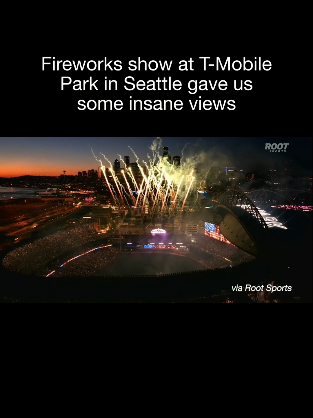 Baseball, fireworks, and a gorgeous sunset beyond the Seattle skyline 🇺🇸🎆 (🎥: Root Sports) #seattle #seattletiktok #mariners #4thofjuly