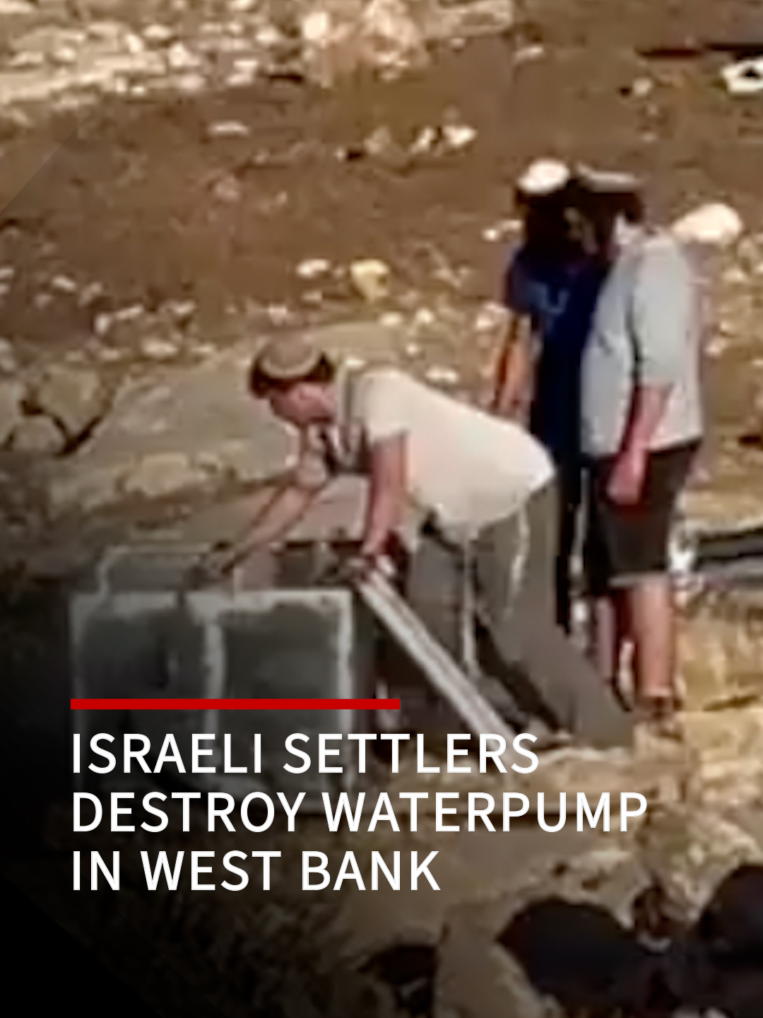 Israeli settlers damage Palestinian water pump in West Bank Israeli settlers destroyed a Palestinian water pump as summer temperatures rose to 40 degrees Celsius in the occupied West Bank. The water pump brings water to the Palestinian village of Umm Al-Khair, south of Hebron. The Israeli occupation has poured cement into the water springs in the Al-Hijrah area in the past to block them and prevent Palestinians from using them in agriculture. Settlers have carried out more than 1,000 attacks on Palestinians since October in the occupied West Bank, causing deaths and damaging property, according to the UN.