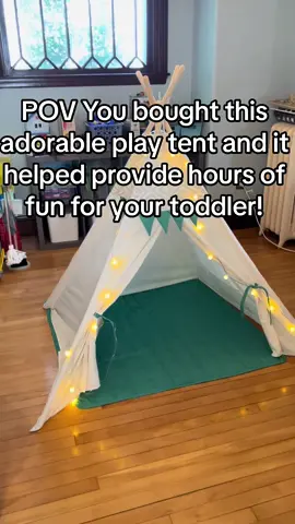 This is the best most adorable play tent! My toddler loves it and it is the hit of our playroom with his friends and cousins aged 2-10! They love to play camping, read and make smores. The quality is amazing! It comes with string lights with a usb plug, and the quilted mat! #bestoy #toddlersoftiktok #MomsofTikTok #playtent 