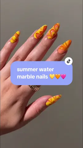 summer water marble nails 💛🩷🧡 products used: limoncello + hide the rum! + frenchy + totally gelly #summernails #colorfulnails #watermarble #marblenails #nailartvideos #orangenails #pinknails #yellownails #almondnails #nailinspo #nailsathome 